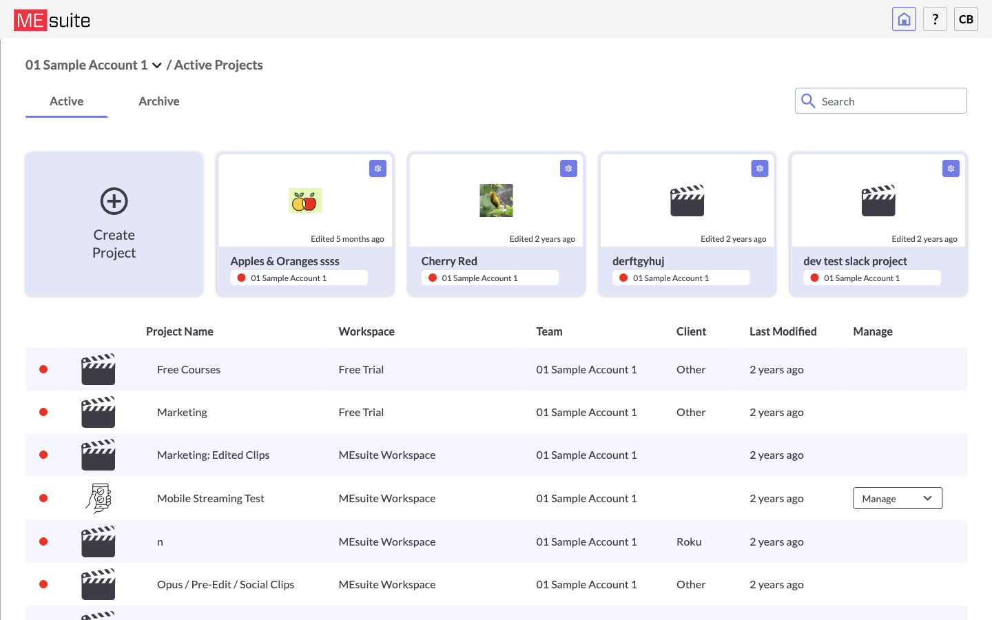 The MEsuite home page with the Create Project tile