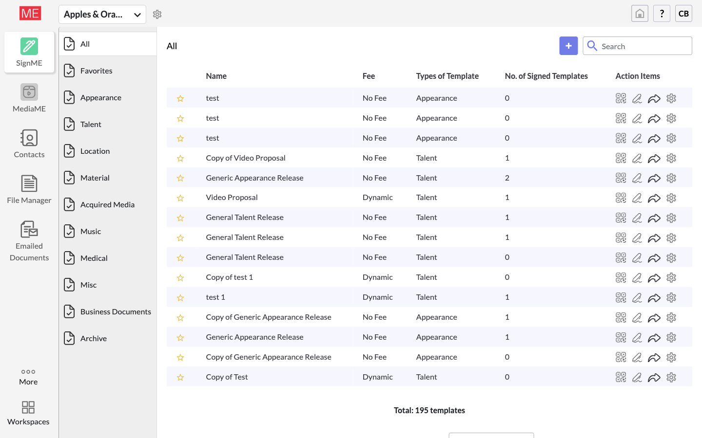 The SignME page listing contracts